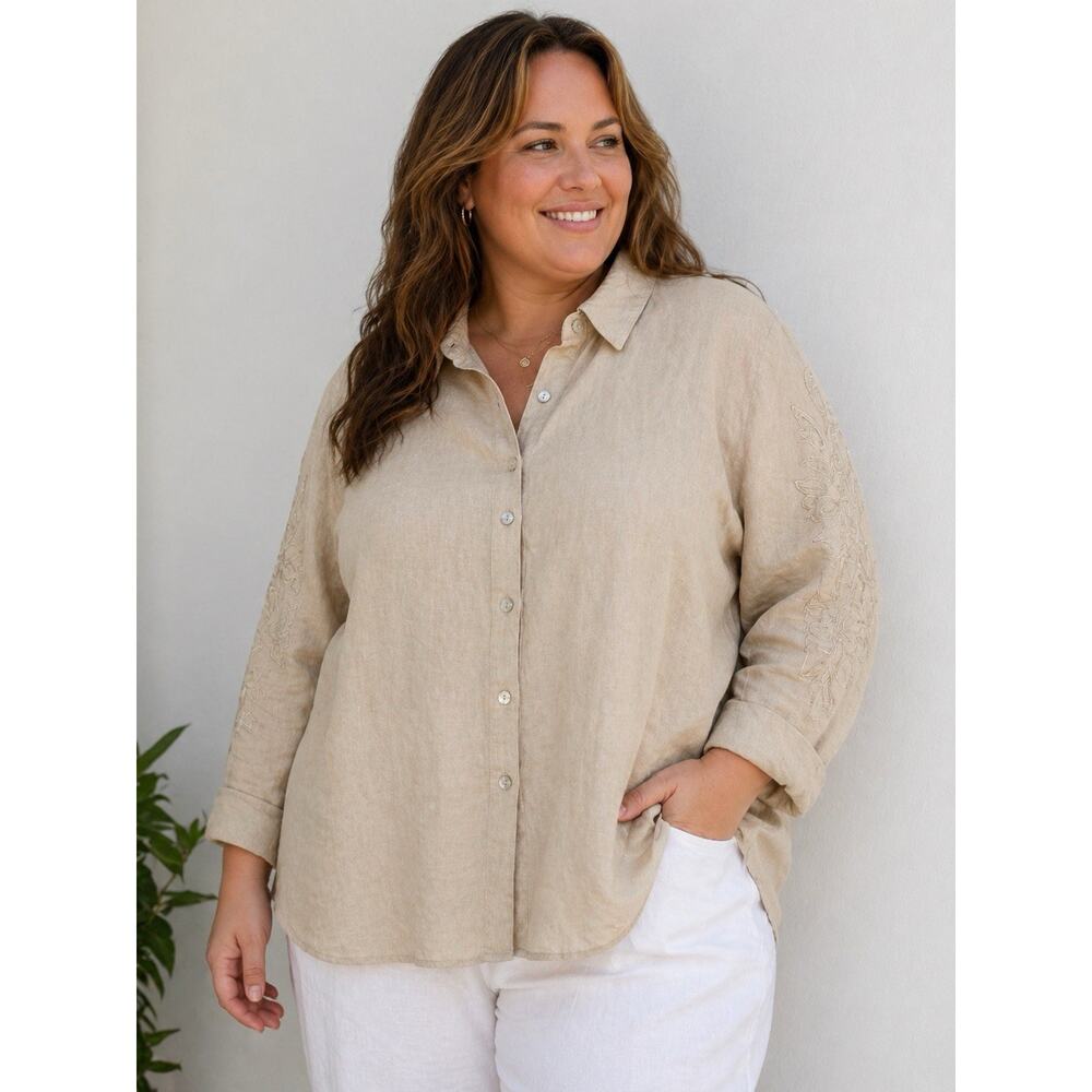 Edward Irish Linen Cream Button Front Floral Embroidered Shirt Womens Plus 2x